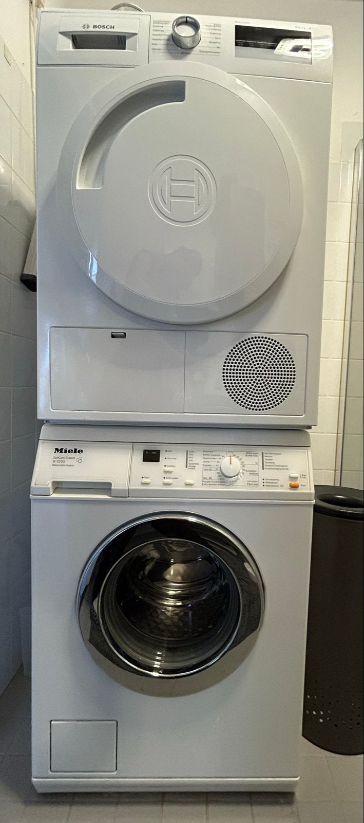Miele W3203 Wasmachine & Bosch Droger Set, Witgoed en Apparatuur, Ophalen, 6 tot 8 kg, Zo goed als nieuw, Voorlader