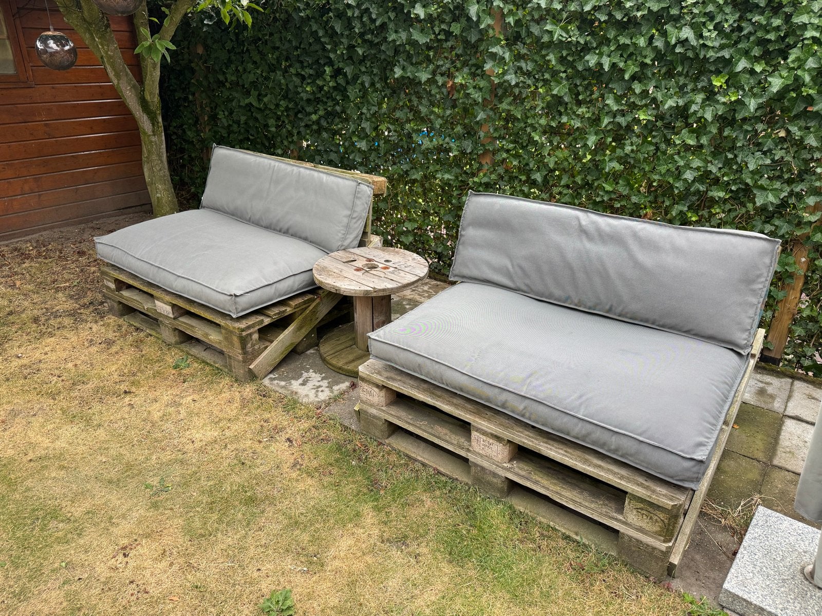 Pallet loungebanken met kussens, Ophalen, Gebruikt, Hout
