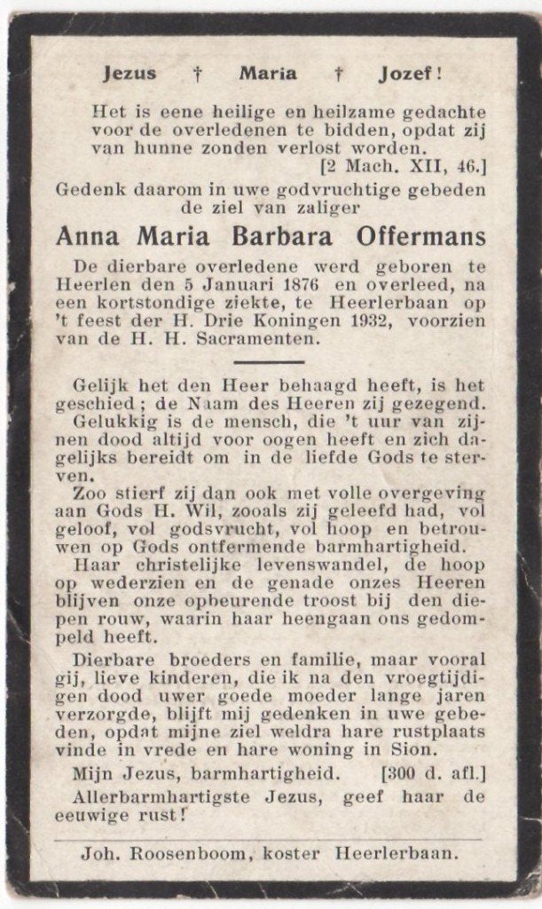 Anna M. Offermans 1876 Heerlen + 1932 Heerlerbaan, 66 jaar, Ophalen of Verzenden
