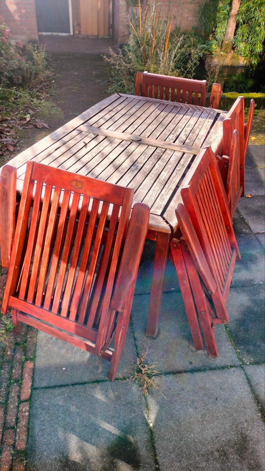 Volledig houten tuinset: tafel met 4 inklapbare stoelen, Ophalen, 4 zitplaatsen, Gebruikt, Tuinset