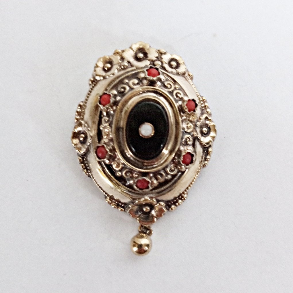 Grote antieke Austro-Hungarian broche goud op zilver, koraal, Verzenden, Zilver, Broche, Met edelsteen