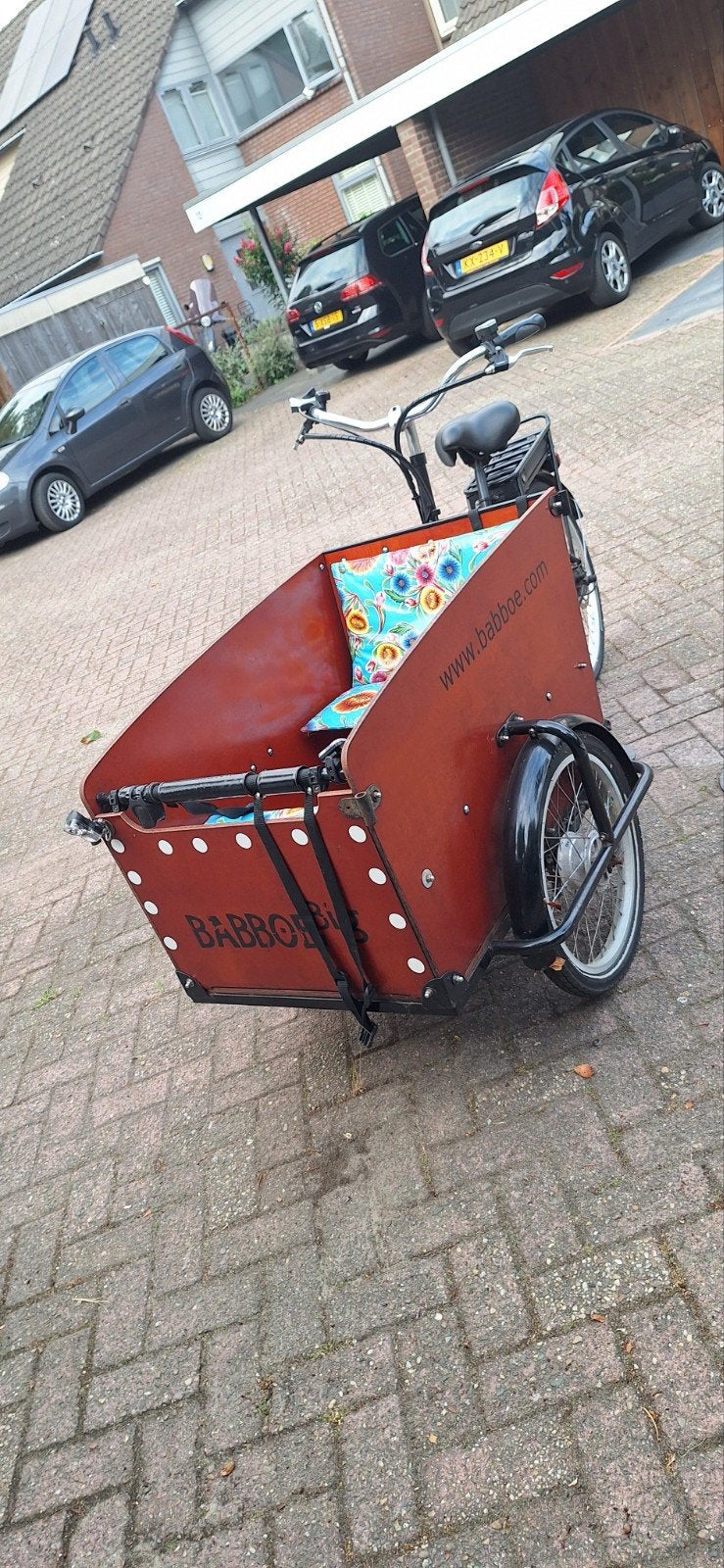 Babboe Big bakfiets met bloemenkussens. Accu werkt niet goed, Ophalen, Gebruikt, Trommelrem, 3 kinderen