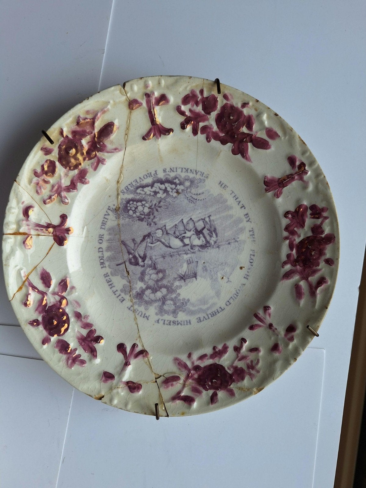 Antiek Bord met Franklin's Proverb en Bloemmotief, Antiek en Kunst, Antiek | Porselein, Ophalen