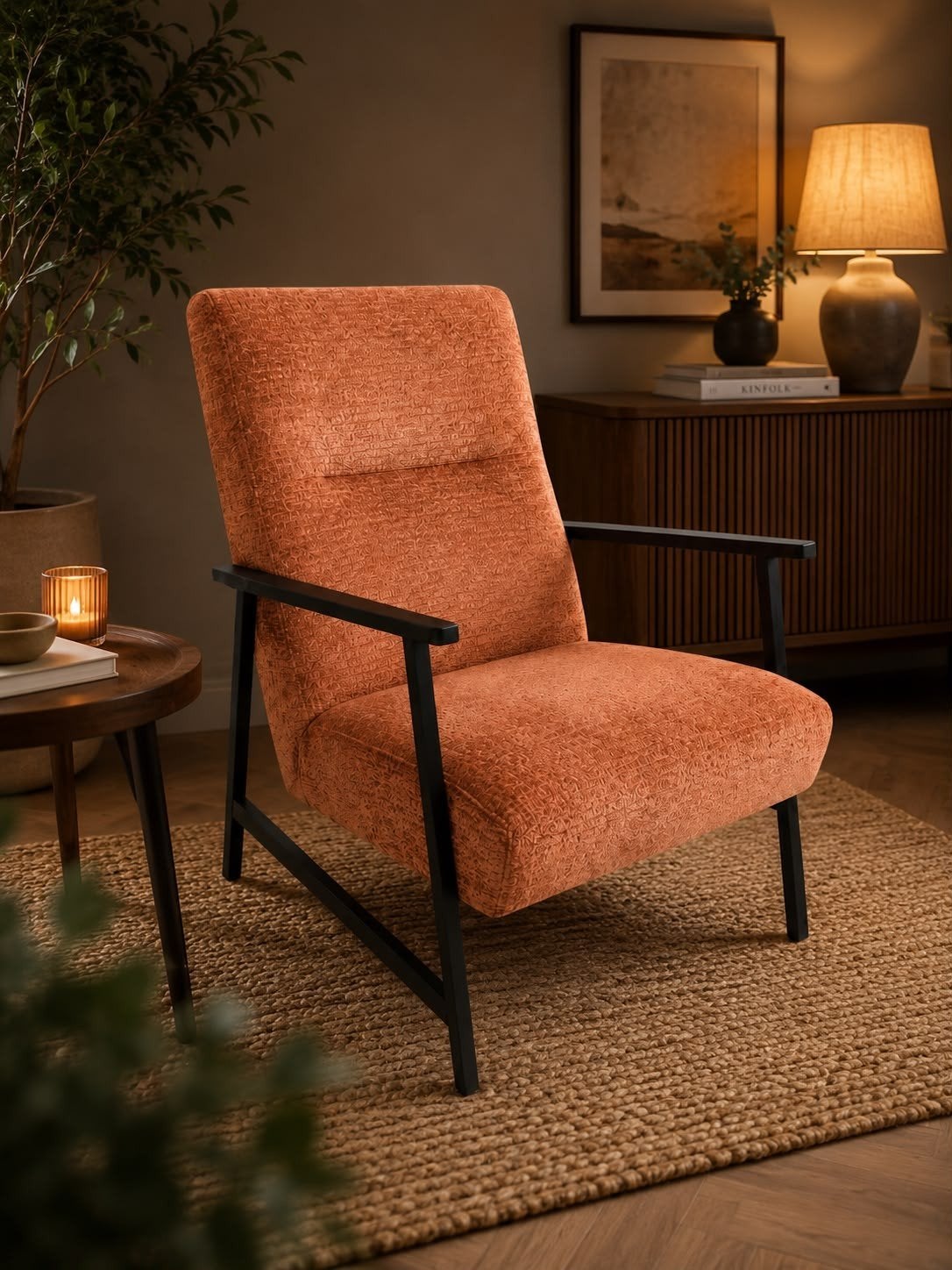 Comfortabele  fauteuil met zwart metalen frame, Ophalen, Modern, Scandinavisch, 75 tot 100 cm, Zo goed als nieuw