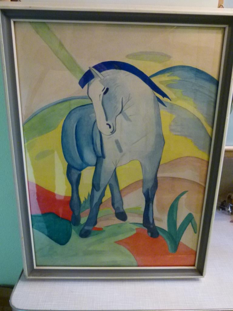 Vintage aquarel ``Blaues Pferd`` naar Franz Marc, Ophalen, 64 cm, Schilderij, 48 cm