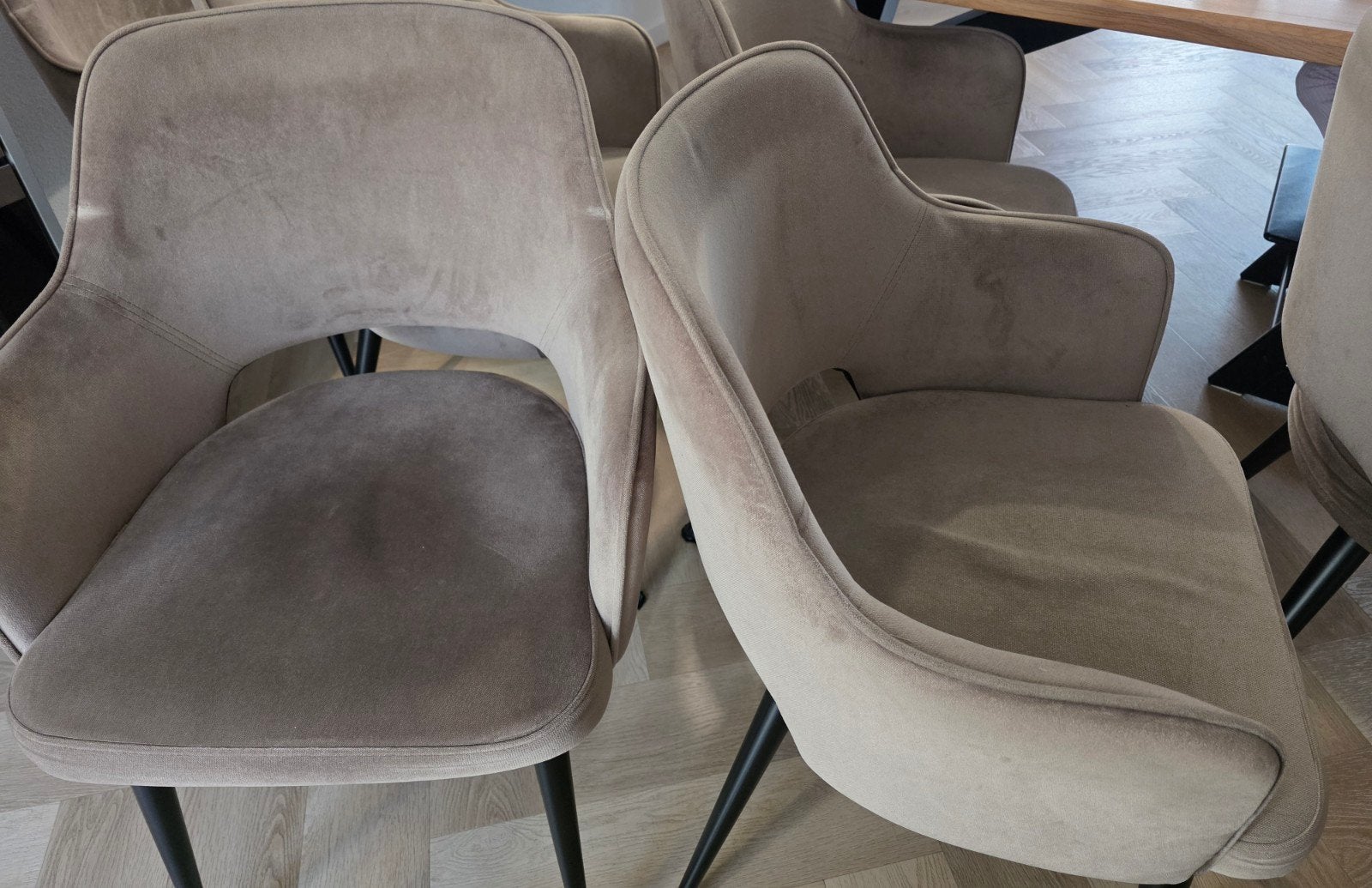 6 taupe eetstoelen met armleuning in zeer nette staat, Ophalen, Overige kleuren, Zo goed als nieuw, Metaal