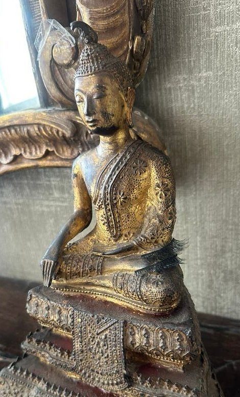 Antieke Thaise bouddha Rattanakosin-periode verguld cm 28, Goud, Brons, 28 cm, Ophalen