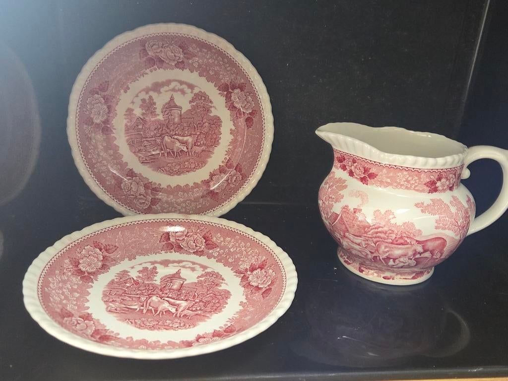 Rood-witte schalen en kan met boerderijtaferelen Adams, Antiek en Kunst, Ophalen of Verzenden