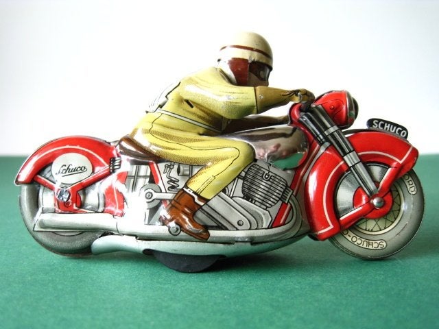 Motorfiets blikken Schuco Motodrill uurwerk 1950, Antiek en Kunst, Ophalen of Verzenden