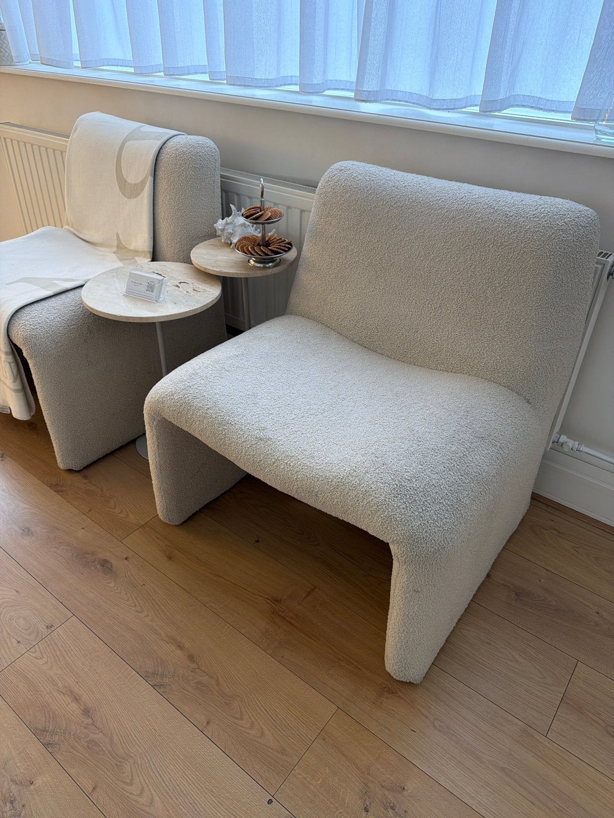 Set van 2 Bouclé Fauteuils - Crème/Wit, Ophalen, Twee, Wit, Zo goed als nieuw