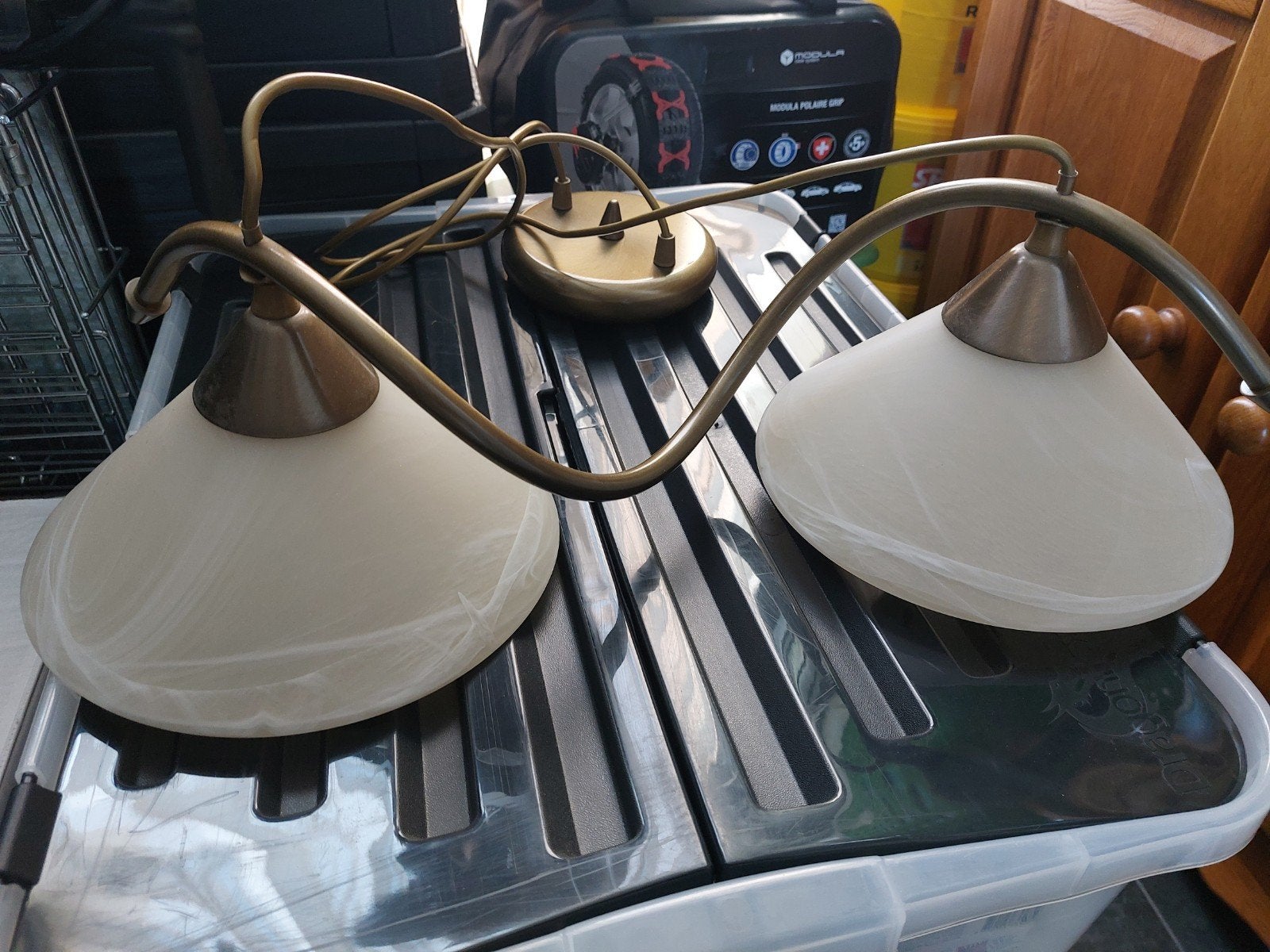 Hanglamp met 2 glazen kappen - Bronskleurig, Ophalen, Modern, Klassiek, Gebruikt, E14 (klein)