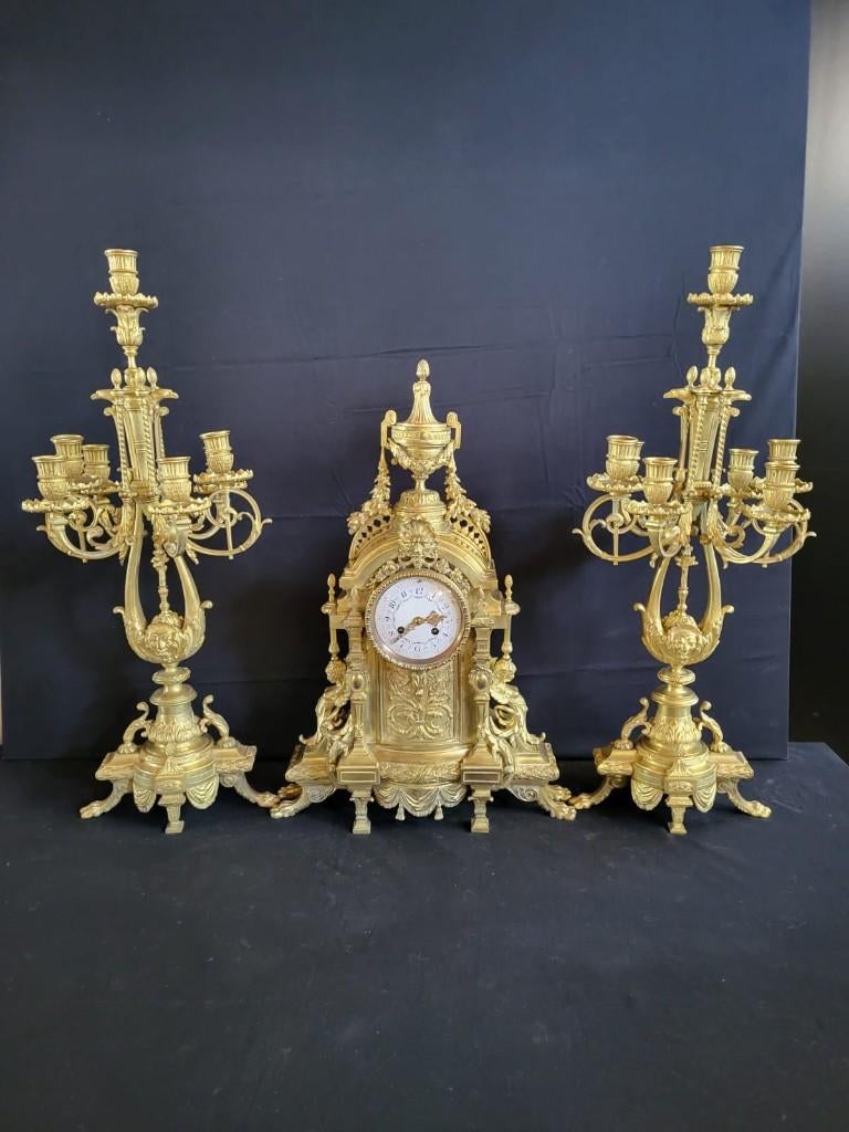 (32) Antieke Franse Bronzen Regency Pendule + Kandelaren, Antiek en Kunst, Verzenden