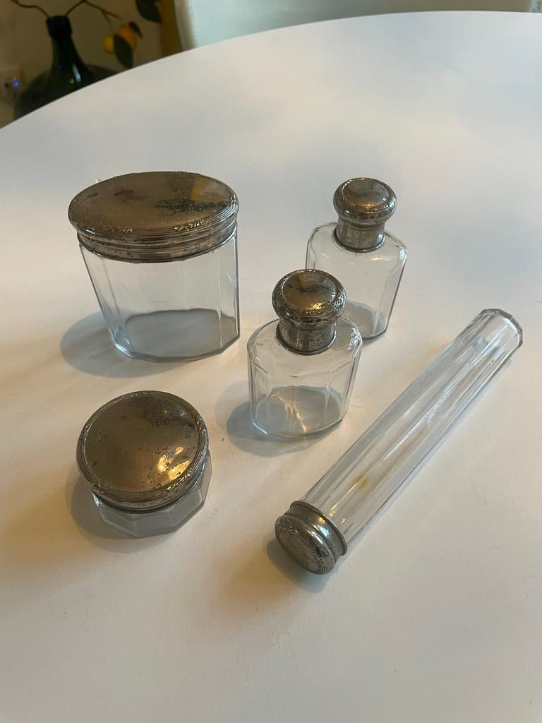 Antieke kaptafelset van glas en zilverkleurig metaal, Antiek en Kunst, Ophalen of Verzenden