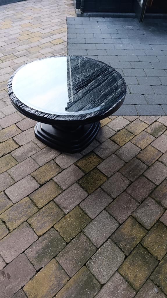 Zware zwarte salontafel met glasplaat, Ø 90 cm, Huis en Inrichting, Tafels | Salontafels, Gebruikt, 50 tot 100 cm, 50 tot 100 cm