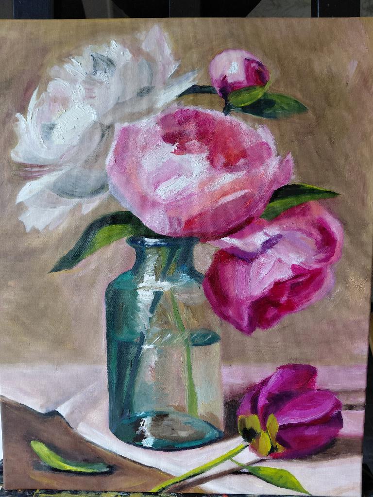 Mooi olieverf schilderij van pioenrozen, Ophalen of Verzenden