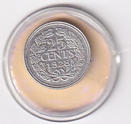 25 Cent 1928 met deukje in de rand, Postzegels en Munten, Munten | Nederland, Verzenden, Zilver, 25 cent, Koningin Wilhelmina