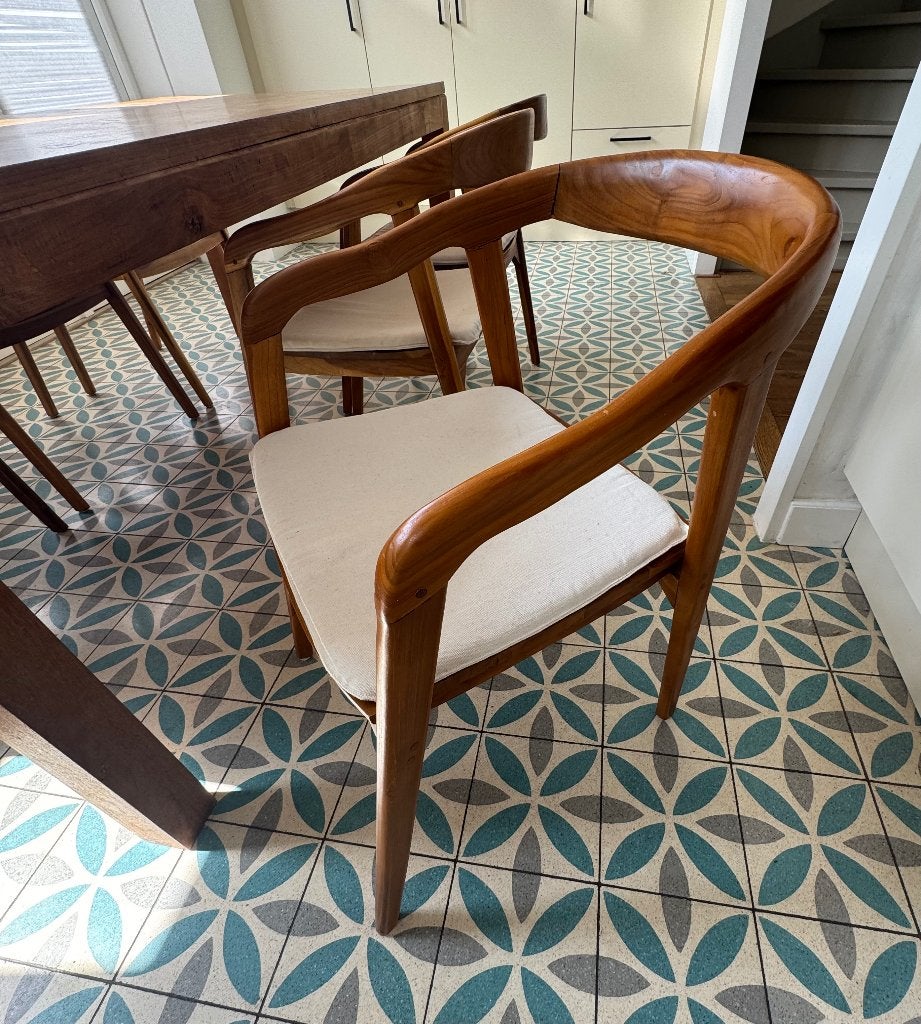 Set van 6 Karwei Teakhouten Eetkamerstoelen ‘Lasse’, Ophalen, Gebruikt, Bruin, Vijf, Zes of meer stoelen