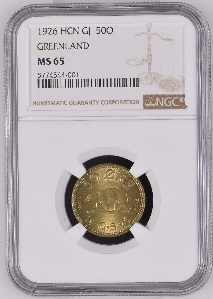 Groenland 50 Øre 1926 - IJsbeer - NGC MS 65, Ophalen of Verzenden, Noord-Amerika, Losse munt