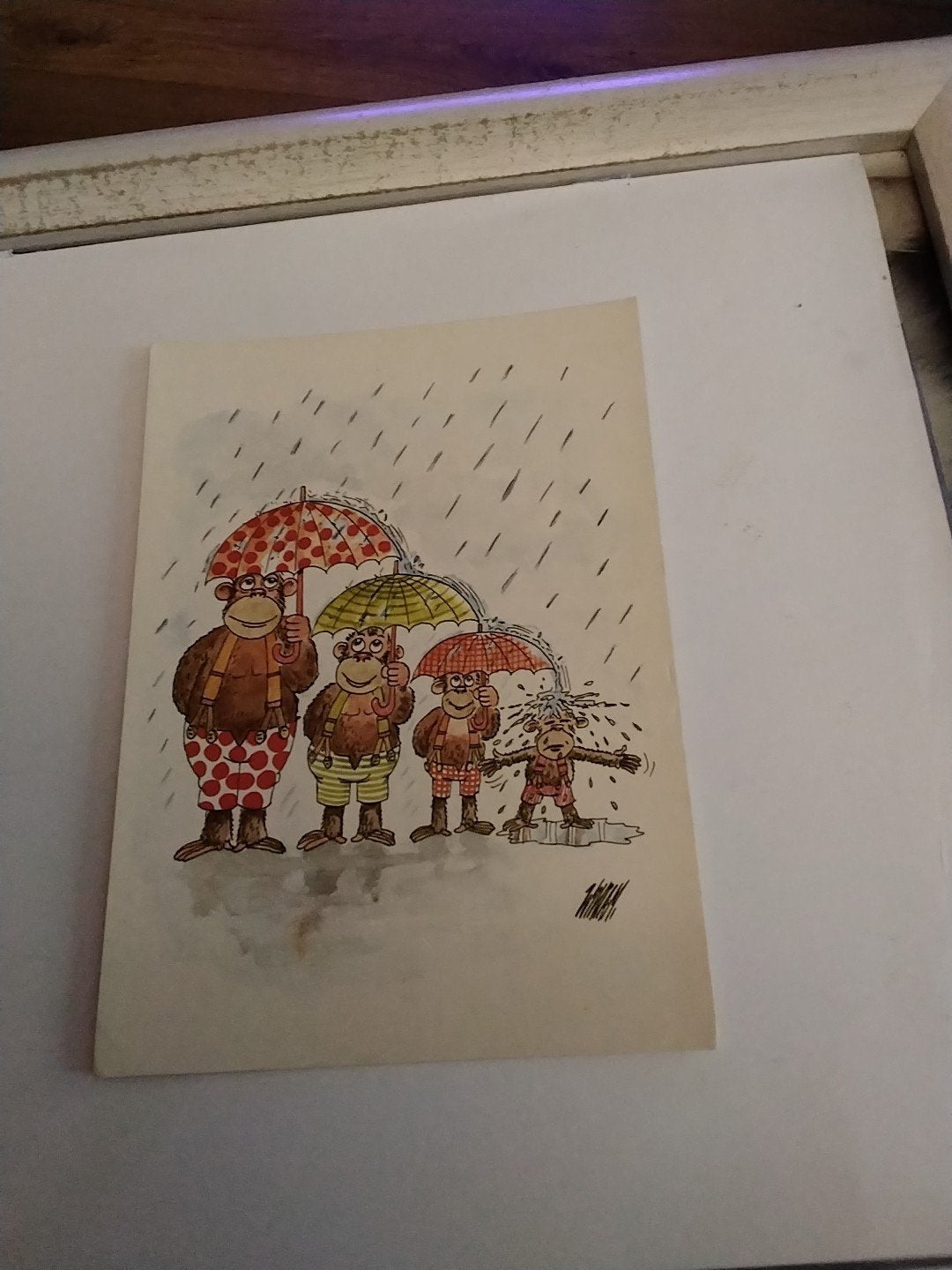 4 APEN IN DE REGEN WAARVAN 3  ONDER PARAPLU, Ophalen of Verzenden, Overige thema's