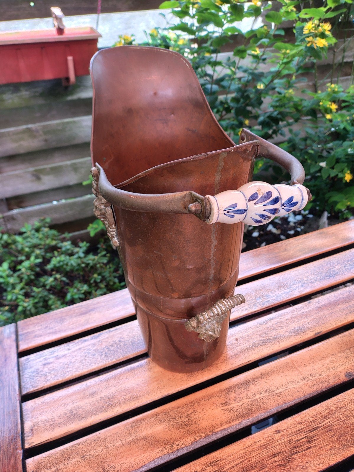 Koperen kolenkit met porseleinen handvat, H40 D20, Antiek en Kunst, Ophalen of Verzenden, Koper