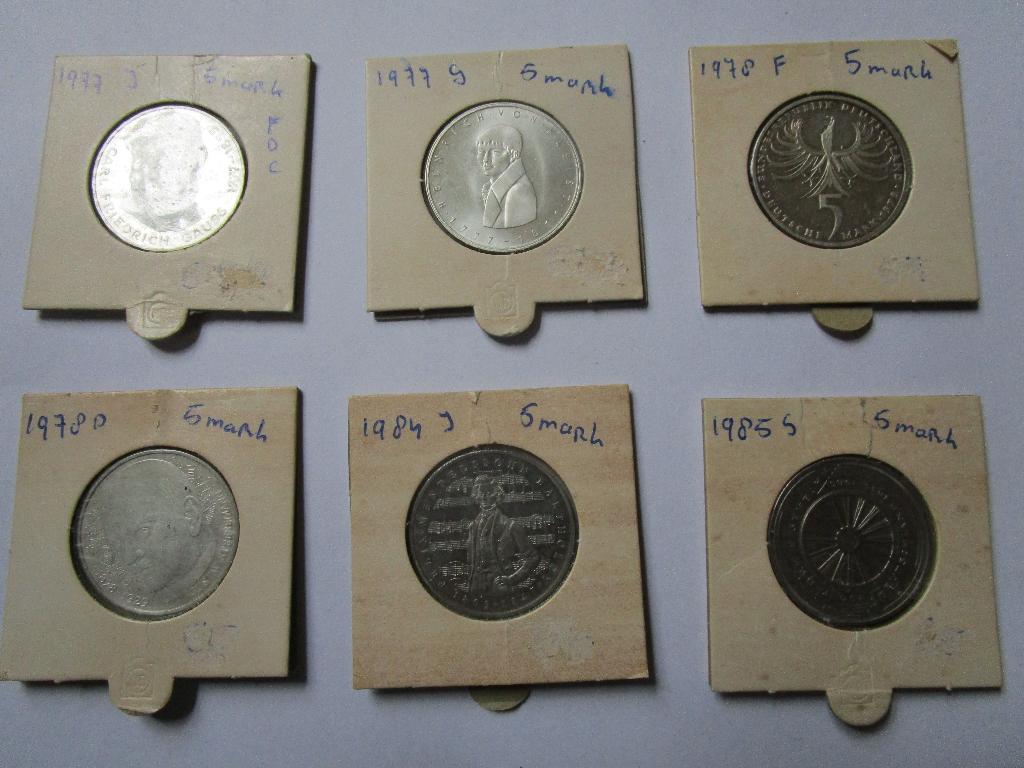 6 x 5 mark munt zilver 0,625  2x1977-2 x1978 - 1984 - 1985, Verzenden, Duitsland, Setje, Zilver