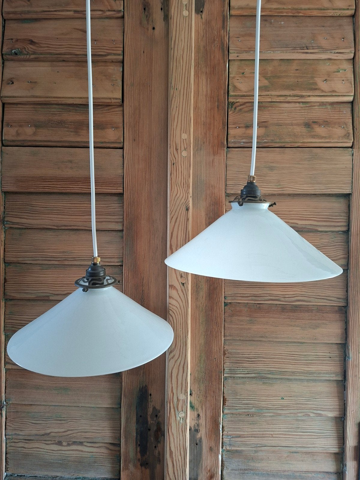 Opaline driehoek glazen hanglampen melk witte lampen, Ophalen of Verzenden