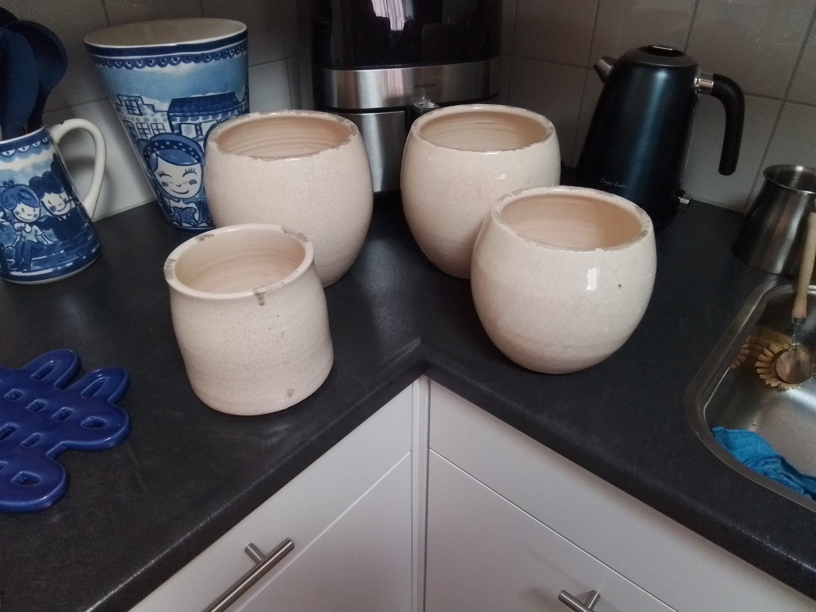 Set van crèmekleurige bloempotten met craquelé-effect, Ophalen, Gebruikt