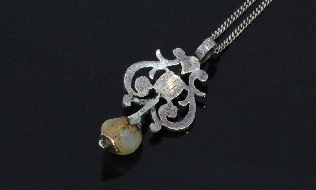 Sale Diamant parel antiek gouden zilveren ketting en hanger, Verzenden, Goud, Ketting, Met edelsteen