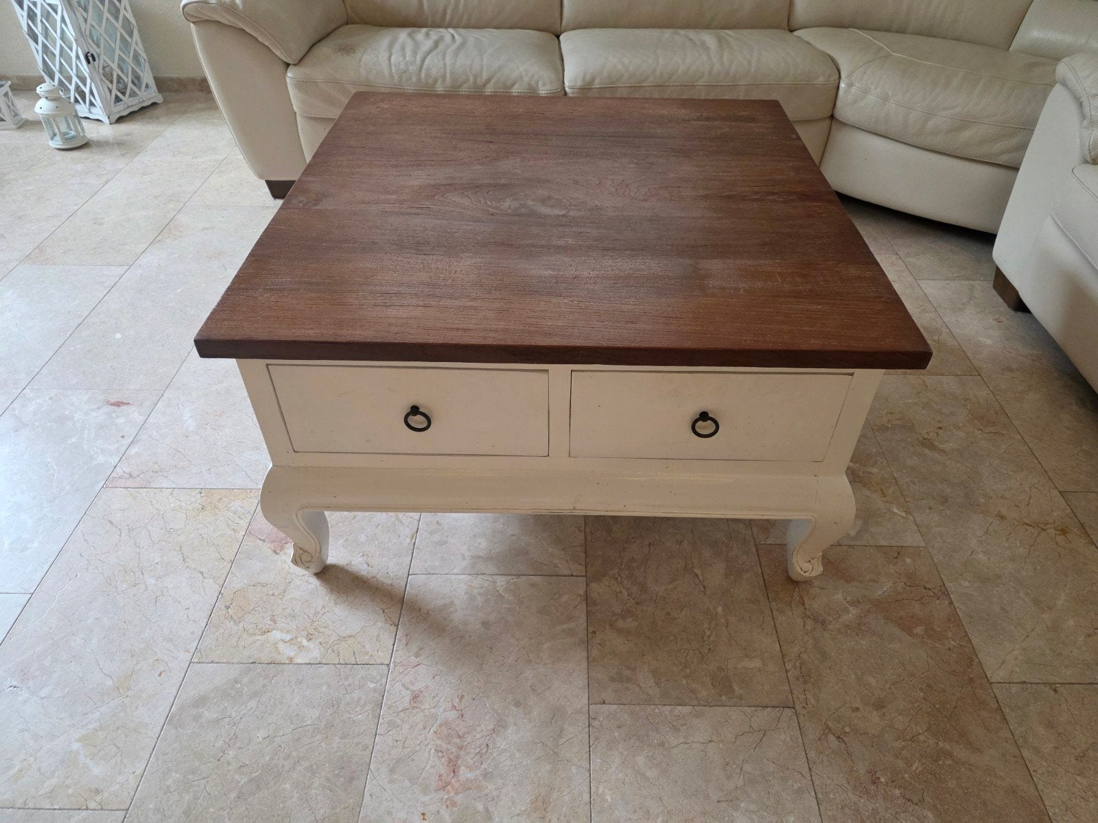 Teak Houten Salontafel met Lades - Naturel & Wit, Huis en Inrichting, Gebruikt, 50 tot 100 cm, Landelijk, Koloniaal, Vierkant