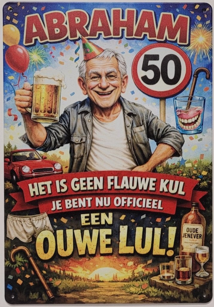 Abraham geen flauwe kul ouwe lul reclamebord van metaal deco, Info@deconoord.nl, Deco Noord, Nieuw, Ophalen of Verzenden