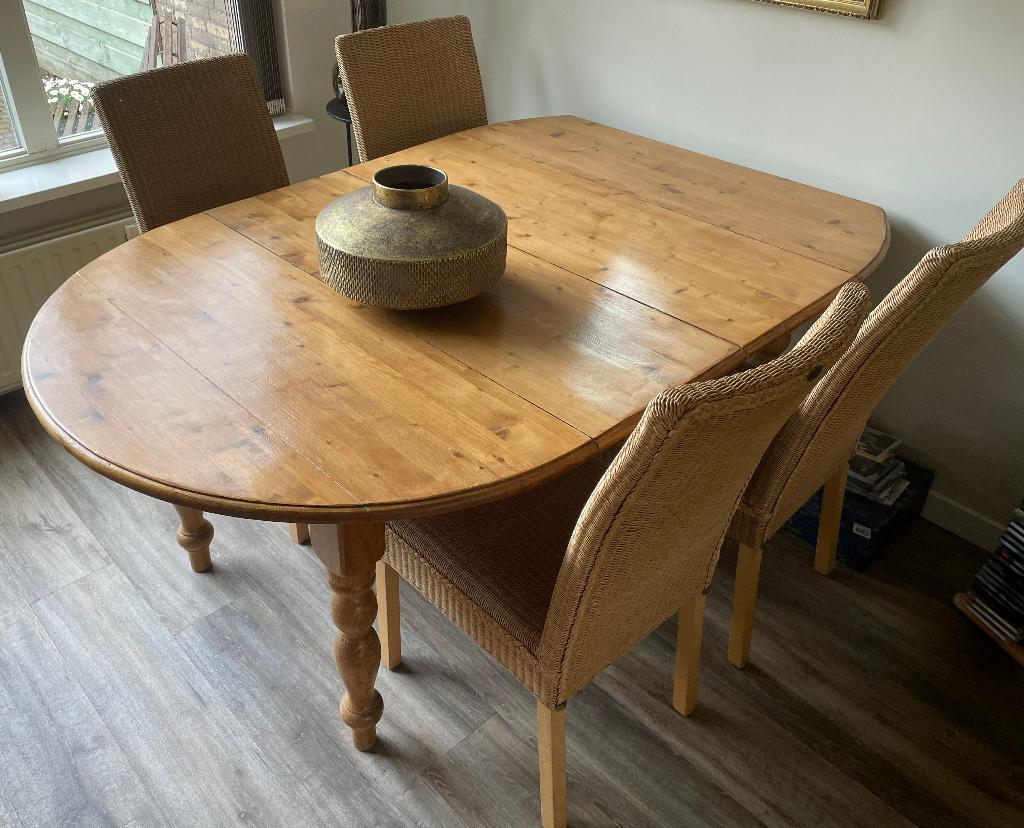 Houten eettafel (uitklap- en uitneembaar) + 4 Loom stoelen, Ophalen, Gebruikt, 100 tot 150 cm, 200 cm of meer