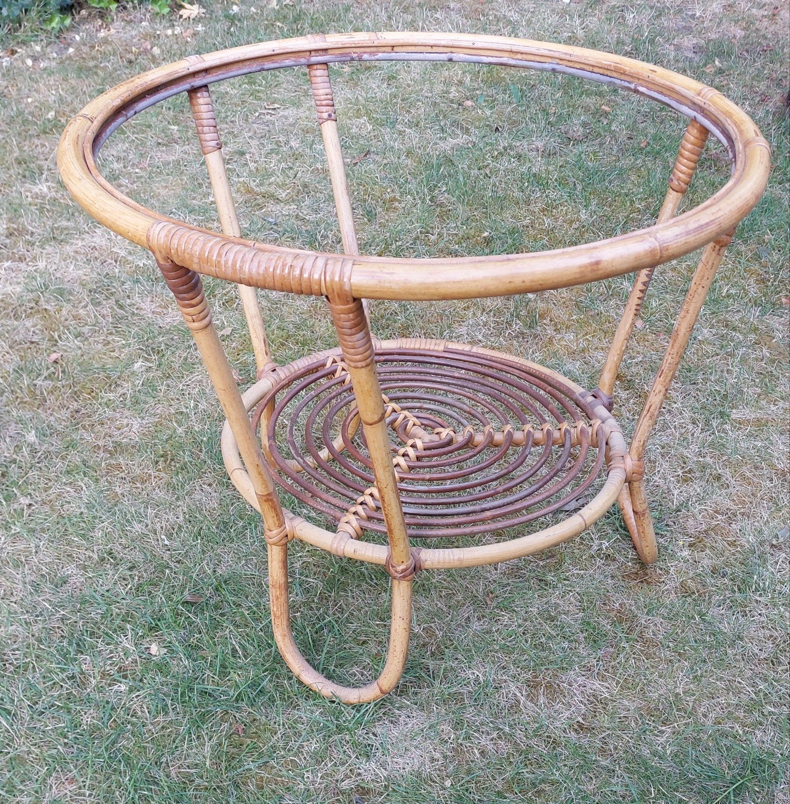 vintage Rohe 1950 1960 rotan salontafel, Ophalen of Verzenden, Gebruikt, Rond, Vintage boho