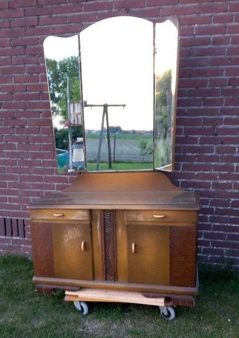 Vintage kaptafel met drieluik spiegel, Antiek en Kunst, Ophalen, Rechthoekig