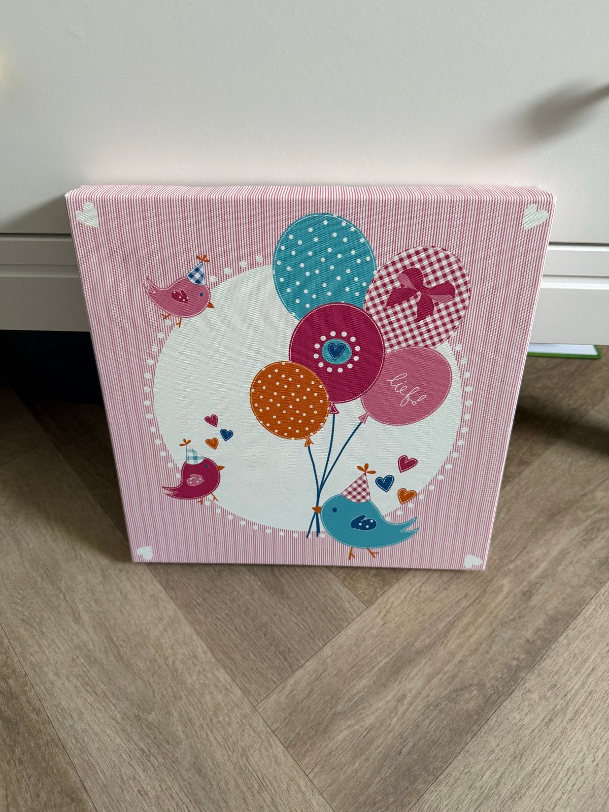Lief! Schilderij met vogeltjes en ballonnen, Gebruikt, Meerkleurig, Ophalen of Verzenden, Modern