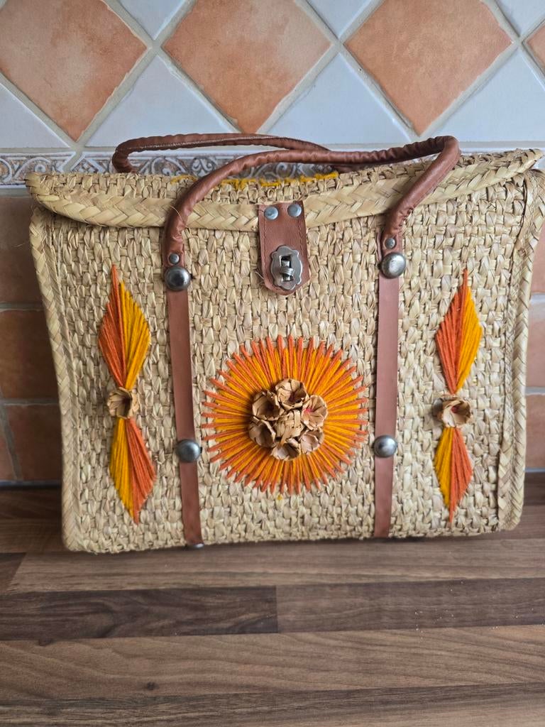 Vintage Stro Tas 'Acapulco' met Geborduurde Details, Sieraden, Tassen en Uiterlijk, Tassen | Damestassen, Gebruikt, Handtas, Beige