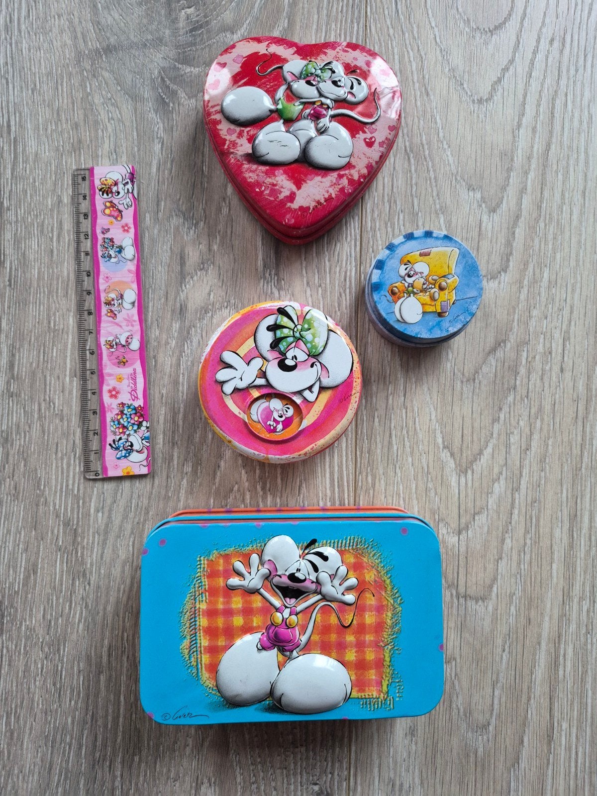 4x Diddl blikjes en een Diddl lineaal, Verzamelen, Ophalen of Verzenden, Verschillende figuren, Zo goed als nieuw, Overige typen