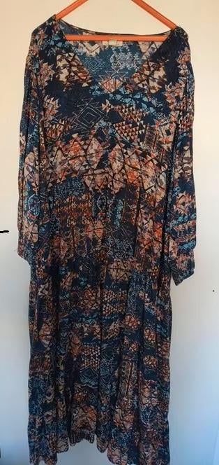 Mooie blauw/oranje tinten jurk merk Orientique maat 52, Orienttioque, Jurk, Zo goed als nieuw, Verzenden
