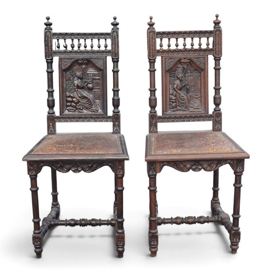 Bretonse stoelen met gesneden figuurpanelen, Ophalen of Verzenden, Hout, Houtsnijwerk, Overige onderwerpen