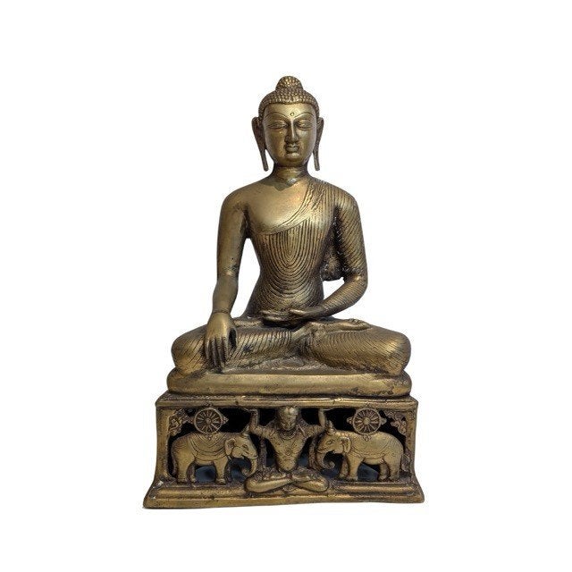 Bronzen Shakyamuni Boeddha met olifantenbasis - 063, Gebruikt, 38 cm, Ophalen of Verzenden, Goud