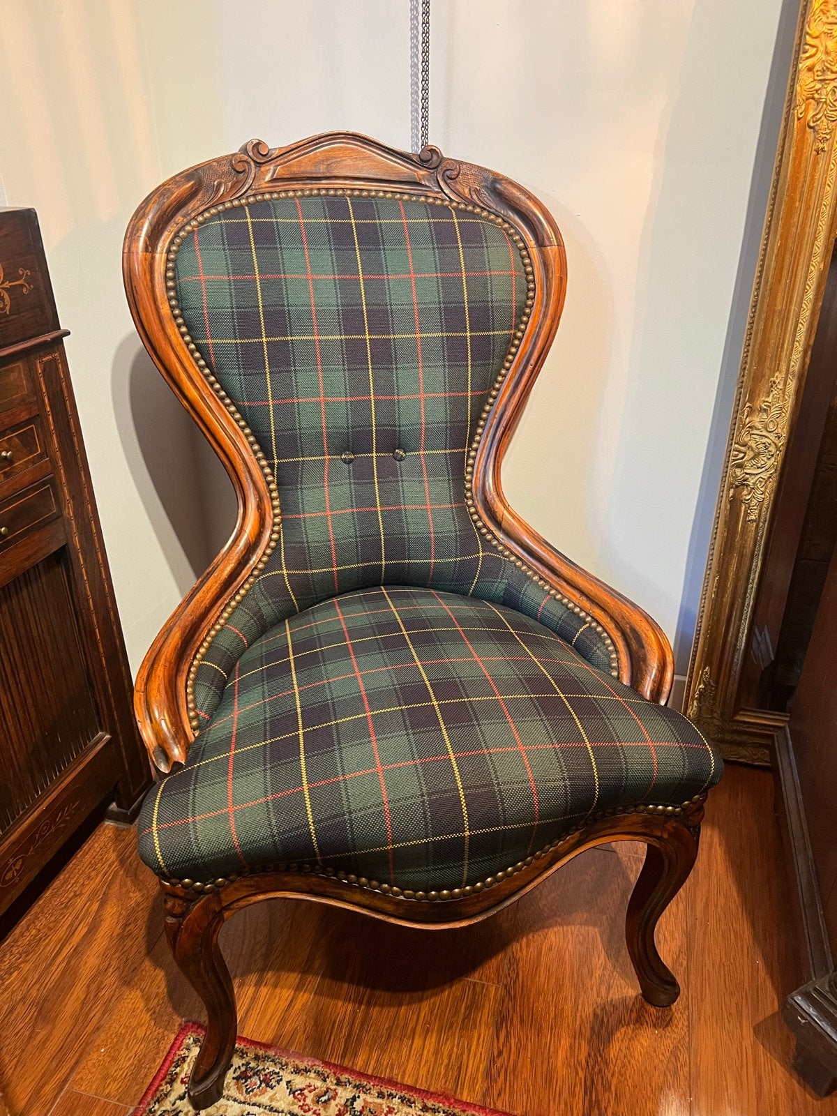 Antieke stoel met Schotse ruit bekleding, Antiek en Kunst, Ophalen