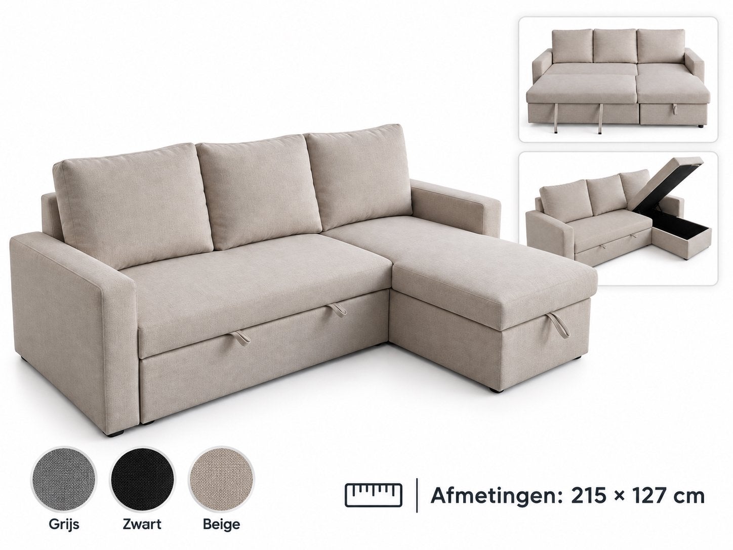 Hoekbank slaapbank met opbergruimte | 215x127 cm | 3 kleuren, Huis en Inrichting, 100 tot 125 cm, Hoekbank, Ophalen of Verzenden
