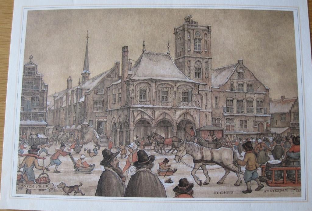 Anton Pieck prent van Stadhuis van Amsterdam in de 17e eeuw, Verzamelen, 1980 tot heden, Ophalen of Verzenden, Zo goed als nieuw