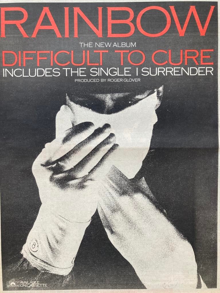Paginagrote A3 advertentie RAINBOW Difficult To Cure release, Ophalen of Verzenden, Zo goed als nieuw, A1 t/m A3