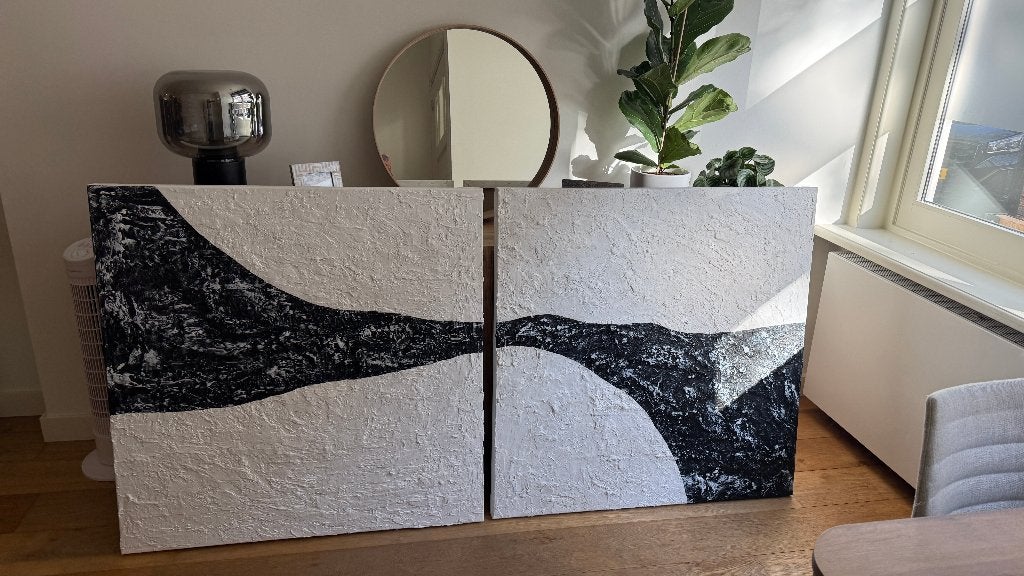 Set van 2 originele abstracte schilderijen – 100 x 100 cm, Ophalen, Zo goed als nieuw, Schilderij, 75 tot 100 cm