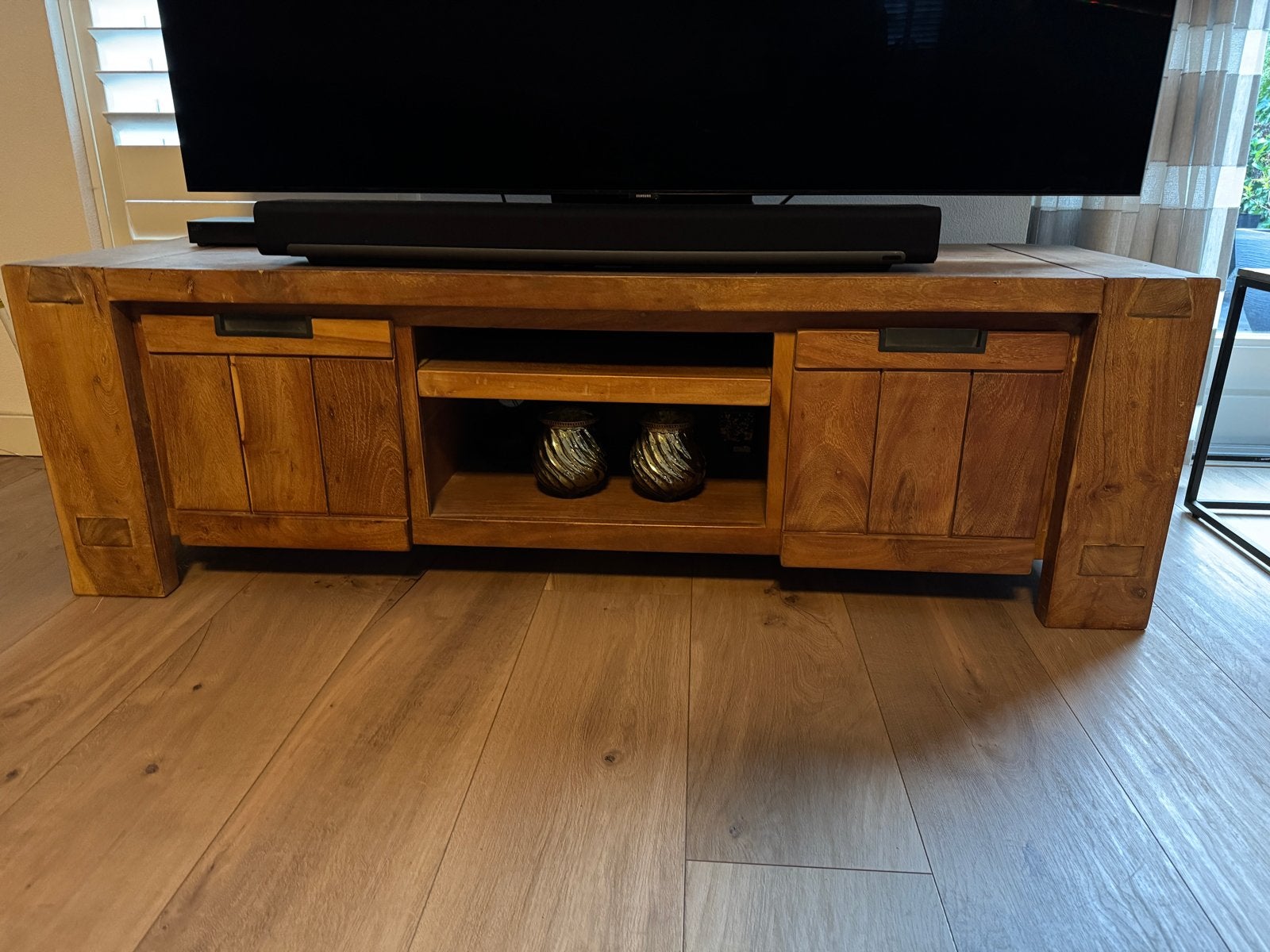 Stevig Teakhouten TV-meubel met Opbergruimte, Ophalen, Gebruikt, 150 tot 200 cm, Teakhout