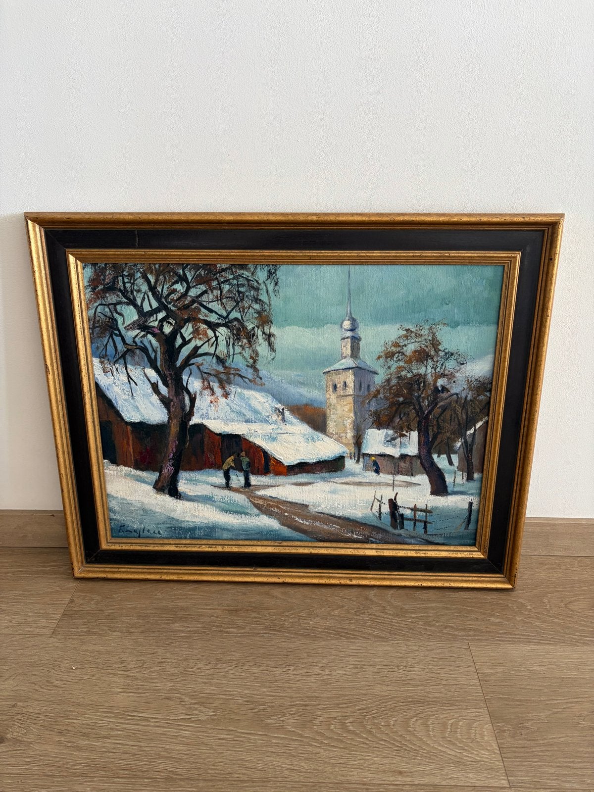 Schilderij Winterlandschap met Kerk en Sneeuw, Antiek en Kunst, Ophalen of Verzenden