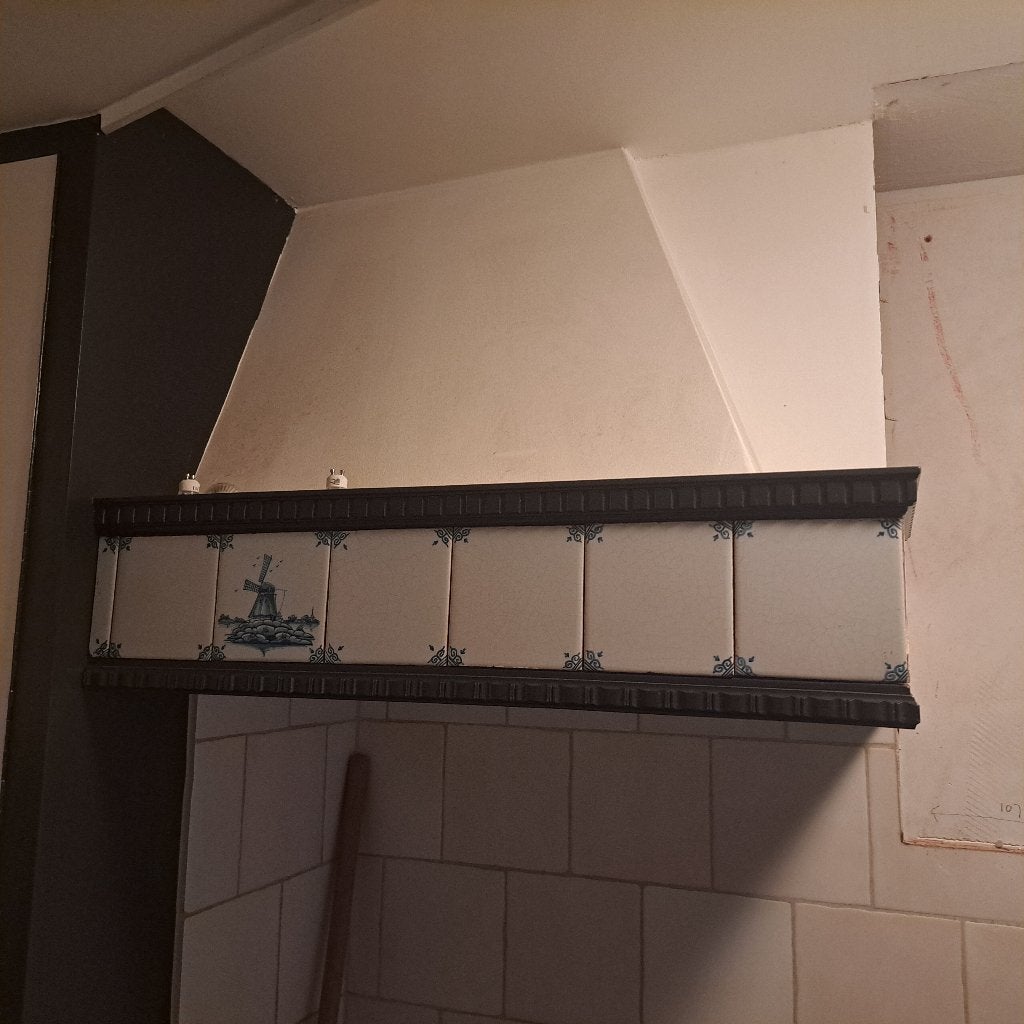 Vintage Afzuigkap met schouw en delftsblauwe tegeltjes, Witgoed en Apparatuur, Afzuigkappen, Ophalen, Gebruikt, Wandschouwkap