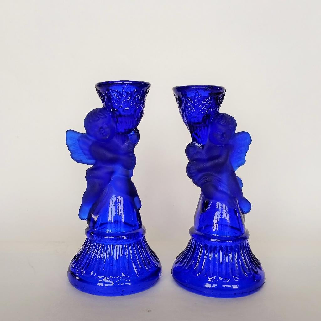 Stel Kandelaars Engeltjes Persglas, Ophalen of Verzenden, Glas