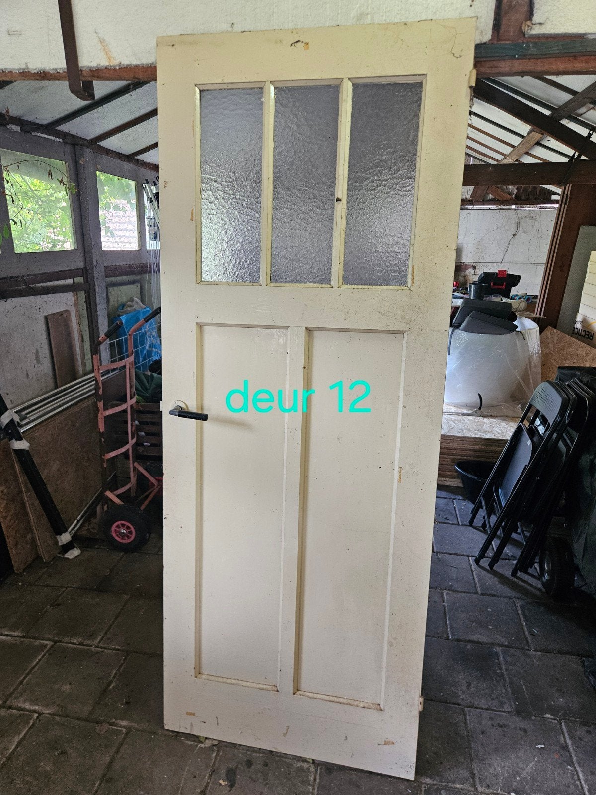 Oude paneeldeur met 3 ruiten structuurglas 82x200 cm - deur, Ophalen, Gebruikt, Binnendeur, 200 tot 215 cm