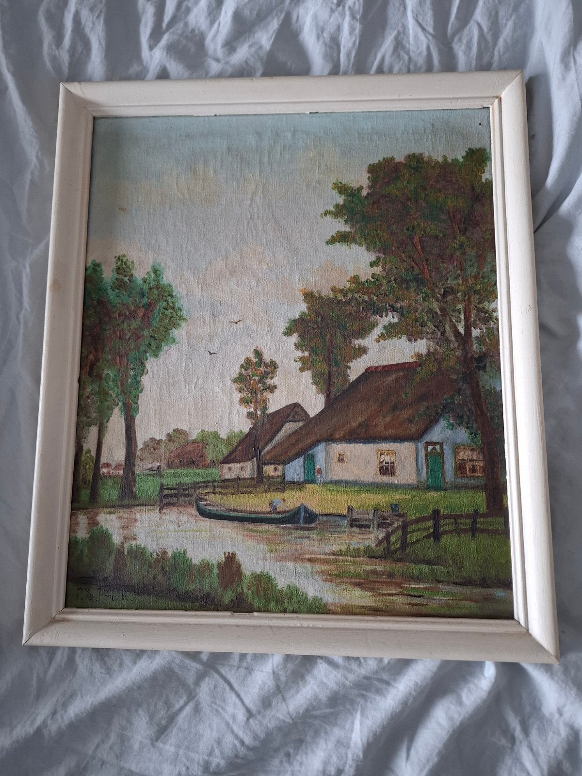 Olieverfschilderij Hollands Landschap met Boerderijen, Ophalen, Doek, Landschap, Olieverf